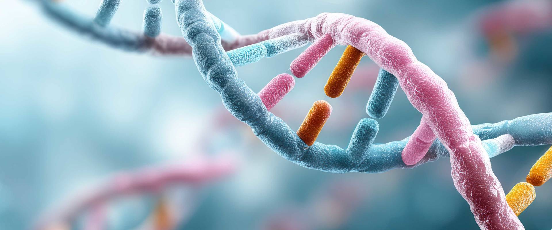 3D illustration of a DNA double helix with colored molecular fragments floating along its structure.