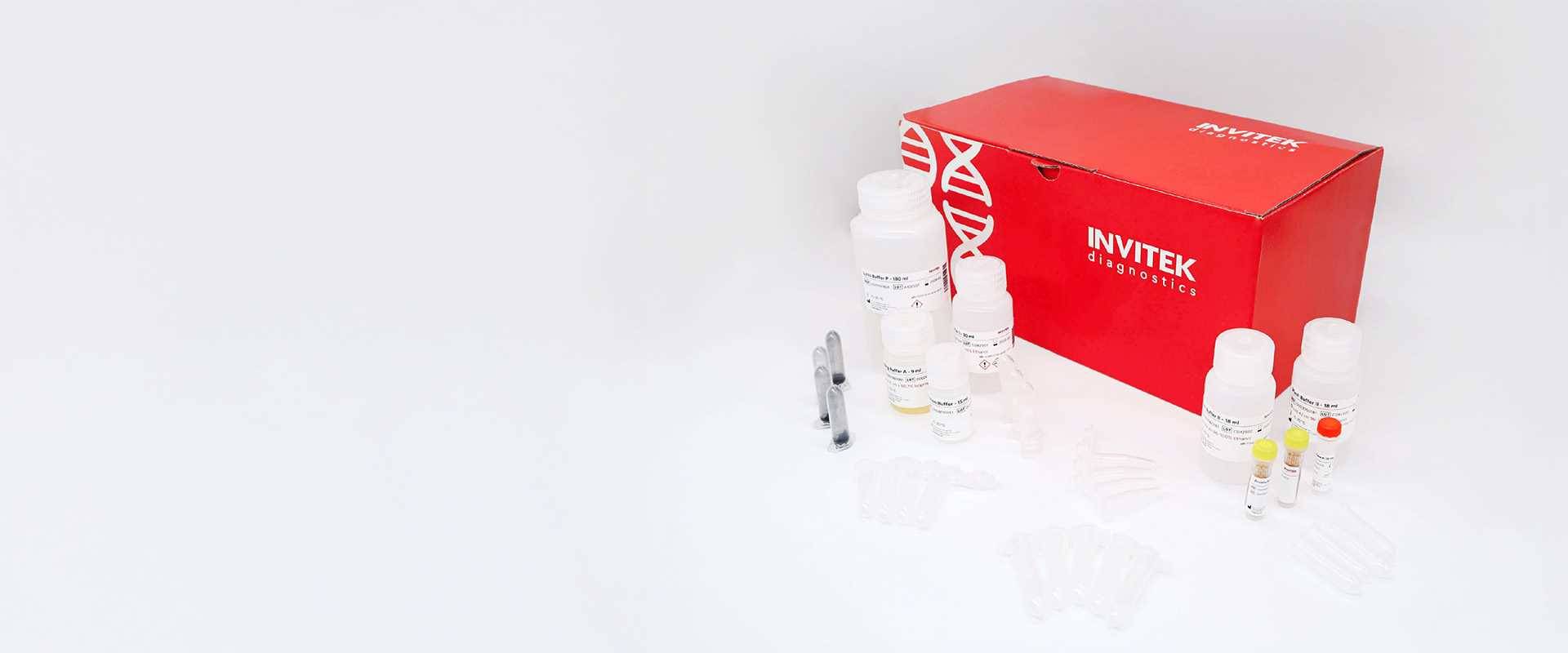 Right-aligned composition showing a red INVITEK diagnostics box with a white DNA-helix graphic, surrounded by dna extraction reagent bottles, clear spin columns and sample tubes; wide blank space on the left for banner text.