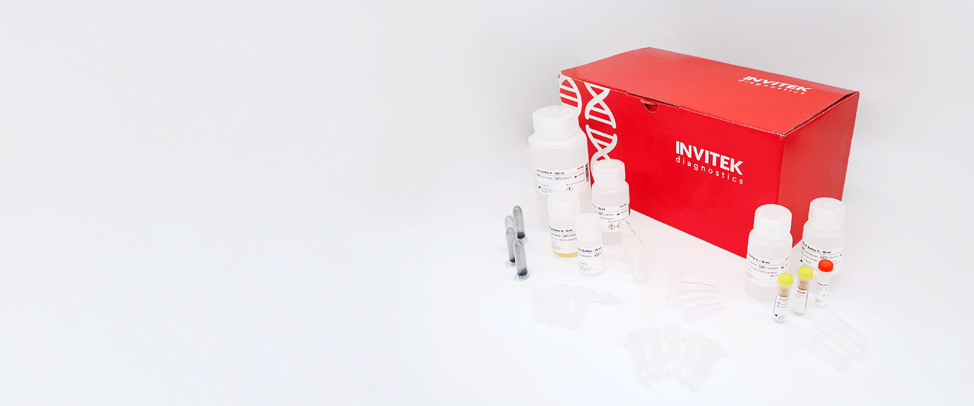 Right-aligned composition showing a red INVITEK diagnostics box with a white DNA-helix graphic, surrounded by dna extraction reagent bottles, clear spin columns and sample tubes; wide blank space on the left for banner text.