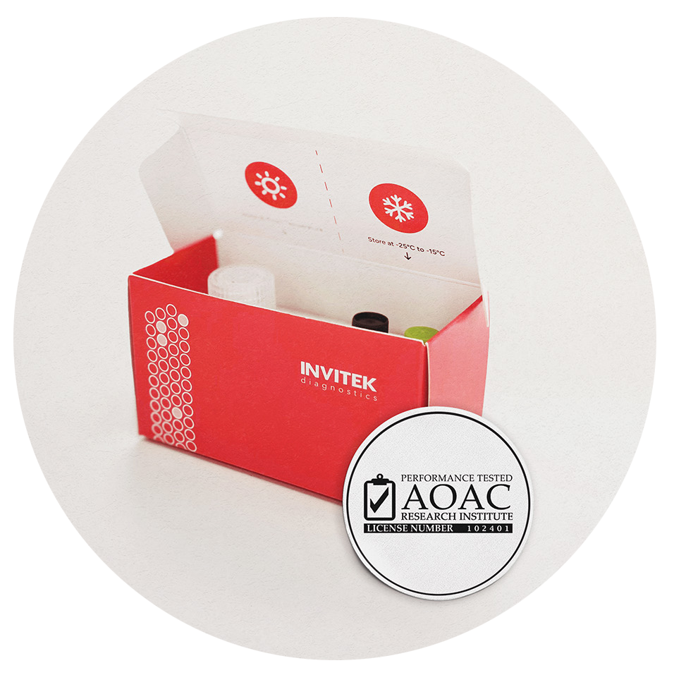 Read Box contaning Real Time PCR Reagents for Salmonella Detection with a AOAC Certificate of Methods Seal on the bottom of the box