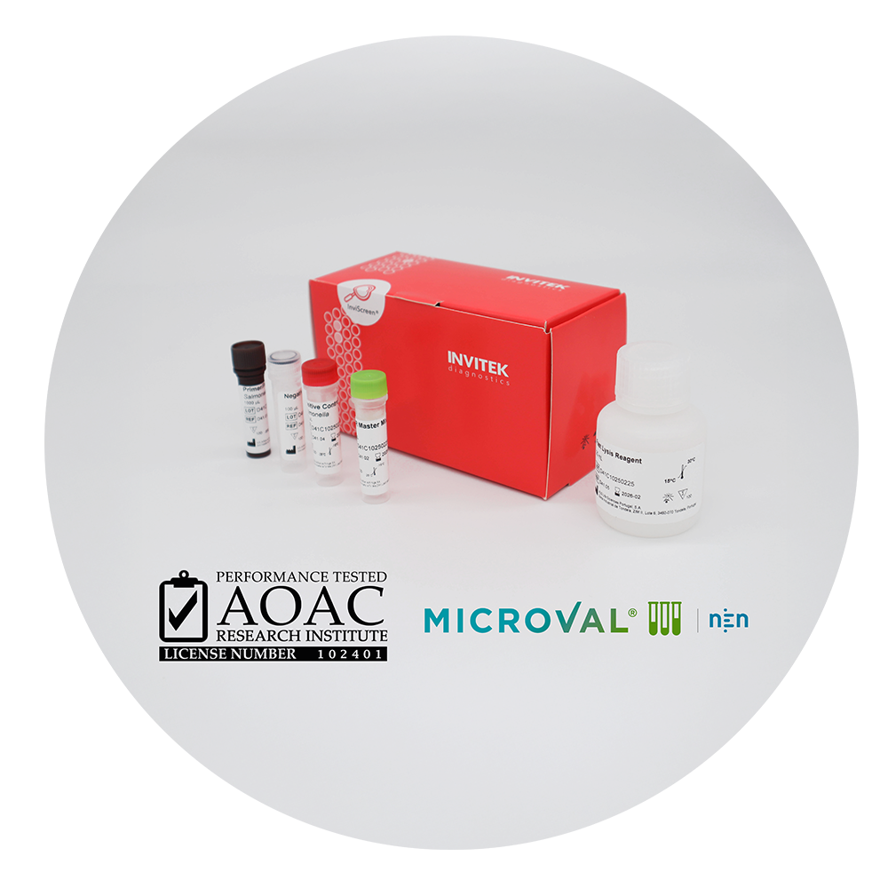 Box of Real Time PCR Reagents for Salmonella Detection with a AOAC  Performance Tested Methods Certificate of Methods Seal and MicroVal NEN method validation seal  all them stamped in the red box
