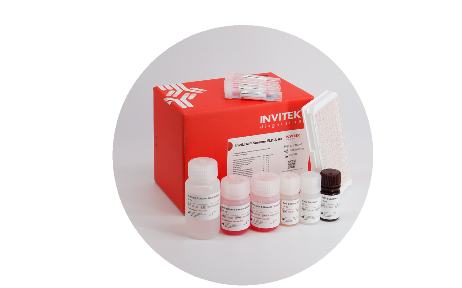 A red INVITEK Diagnostics box labeled “InviLisA Sesame ELISA Kit” is displayed with the kit components arranged in front, including several reagent bottles with color‑coded caps, small labeled vials, and a white 96‑well ELISA plate standing upright beside the box.