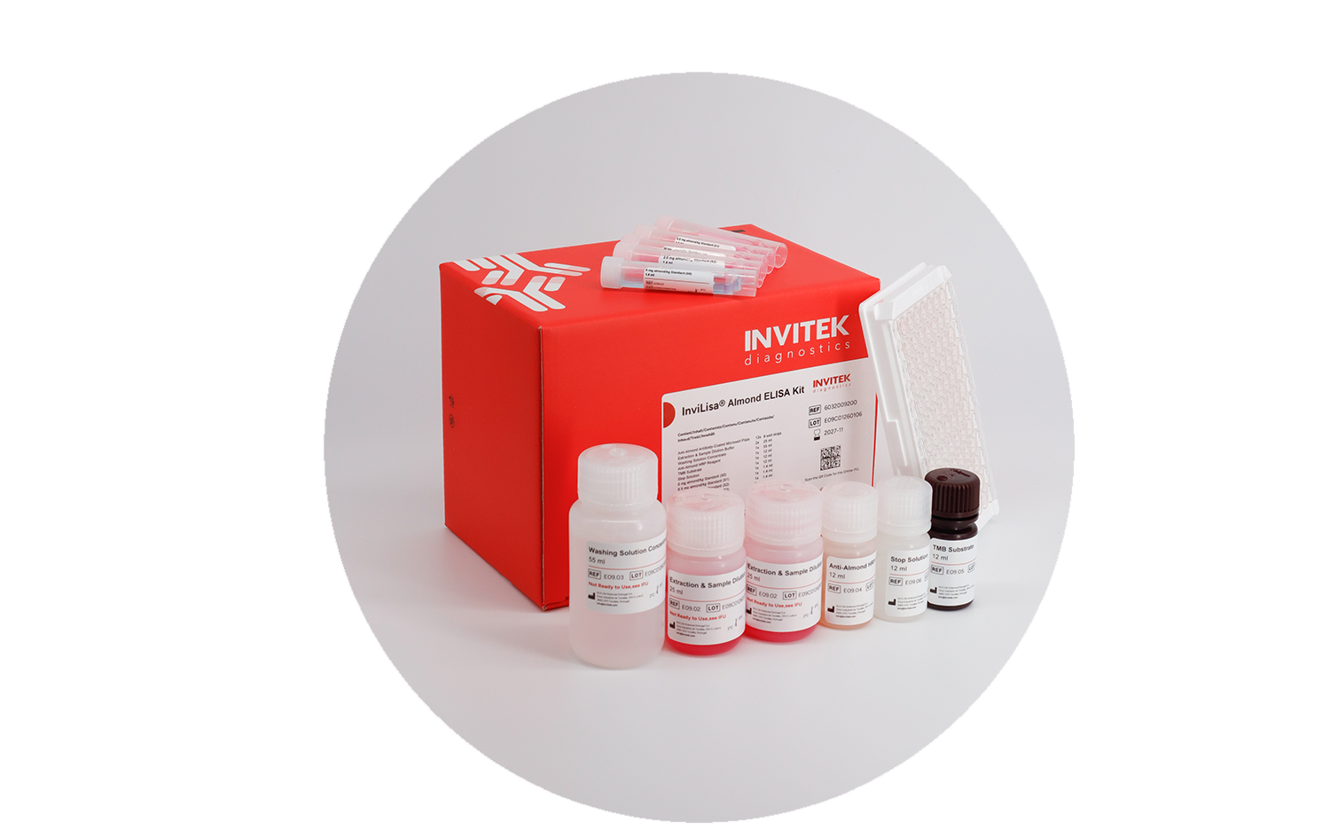 A red INVITEK Diagnostics box labeled “InviLisA Almond ELISA Kit” is displayed inside a light grey circular frame, with the kit’s components arranged in front, including multiple reagent bottles with color‑coded caps, small labeled vials placed on top of the box, and a white 96‑well ELISA plate standing upright on the right.
