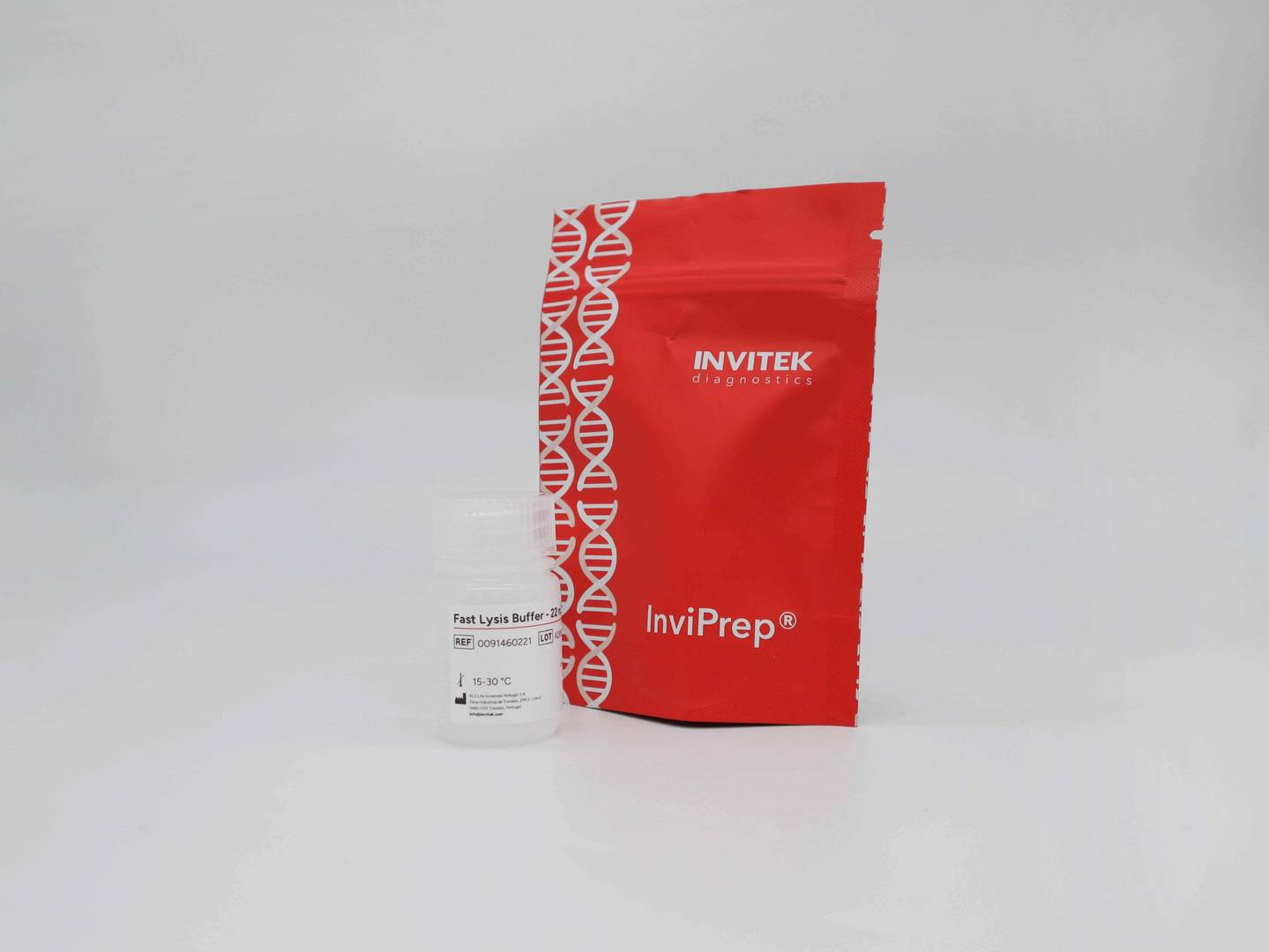 Invitek Diagnostics InviPrep Fast Lysis Buffer bottle in front of the red packaging pouch.