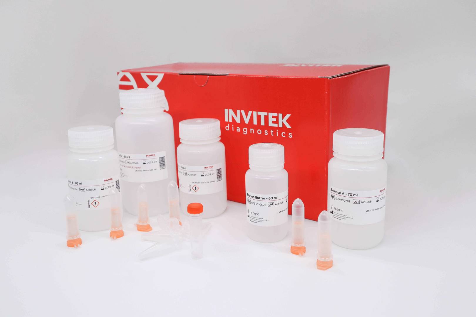 Red Invitek Diagnostics InviSorb Spin Forensic Kit box with various forensic sample icons