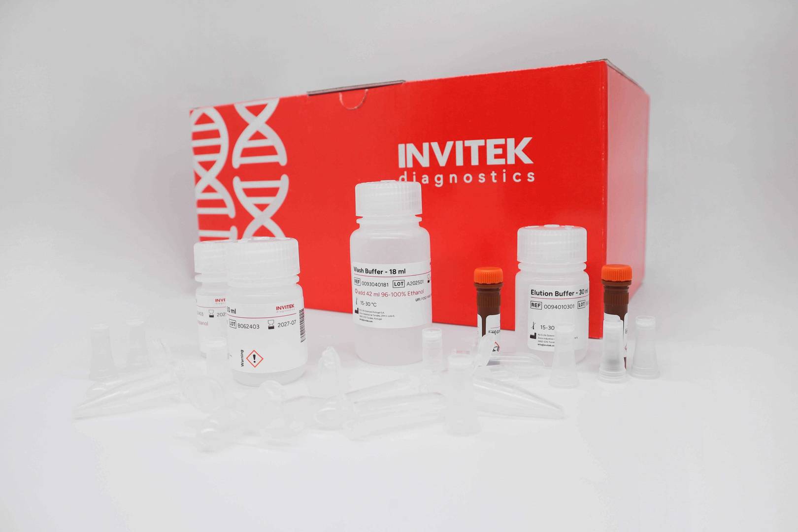 Red Invitek Diagnostics InviSorb Spin Tissue Mini Kit box with reagent bottles and brown spin filters.
