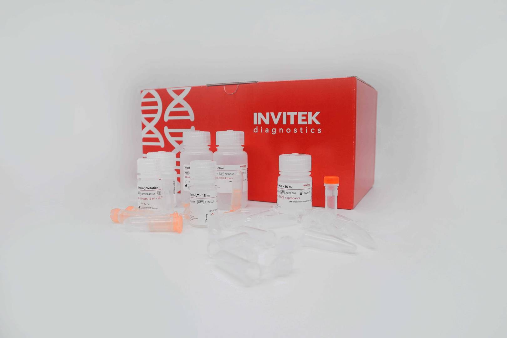 Red Invitek Diagnostics InviSorb Spin Universal Kit box with reagent bottles and orange-capped tubes arranged in front.