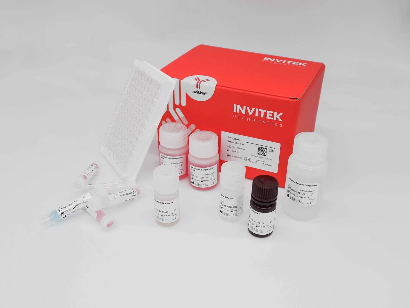 Red Invitek Diagnostics InviLisa Casein ELISA Kit box behind reagent bottles and an antibody-coated 96-well plate with scattered reagent vials in front.