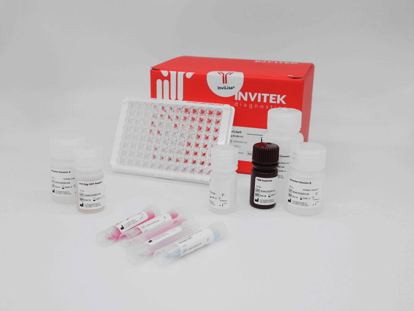 Red Invitek Diagnostics InviLisa Egg ELISA Kit box behind an antibody-coated 96-well plate and reagent bottles. Additional reagent bottles on the left and reagent vials laying in front.