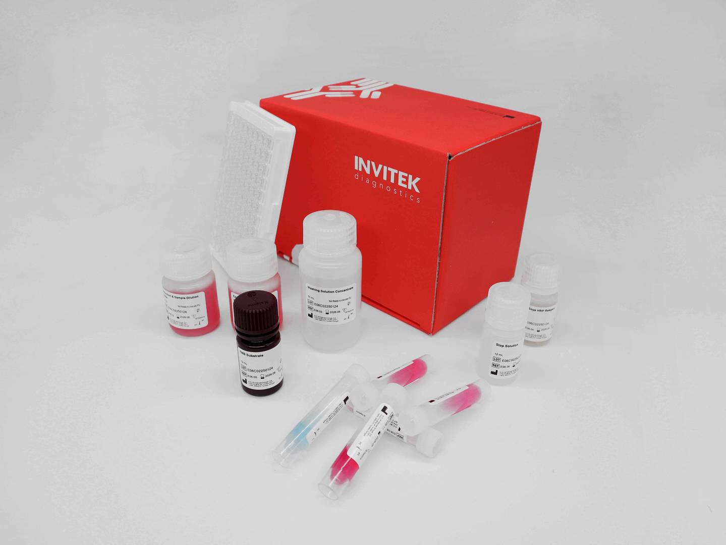 Red Invitek Diagnostics InviLisa Soya ELISA Kit box behind reagent bottles and an antibody-coated 96-well plate with reagent vials laying in front.