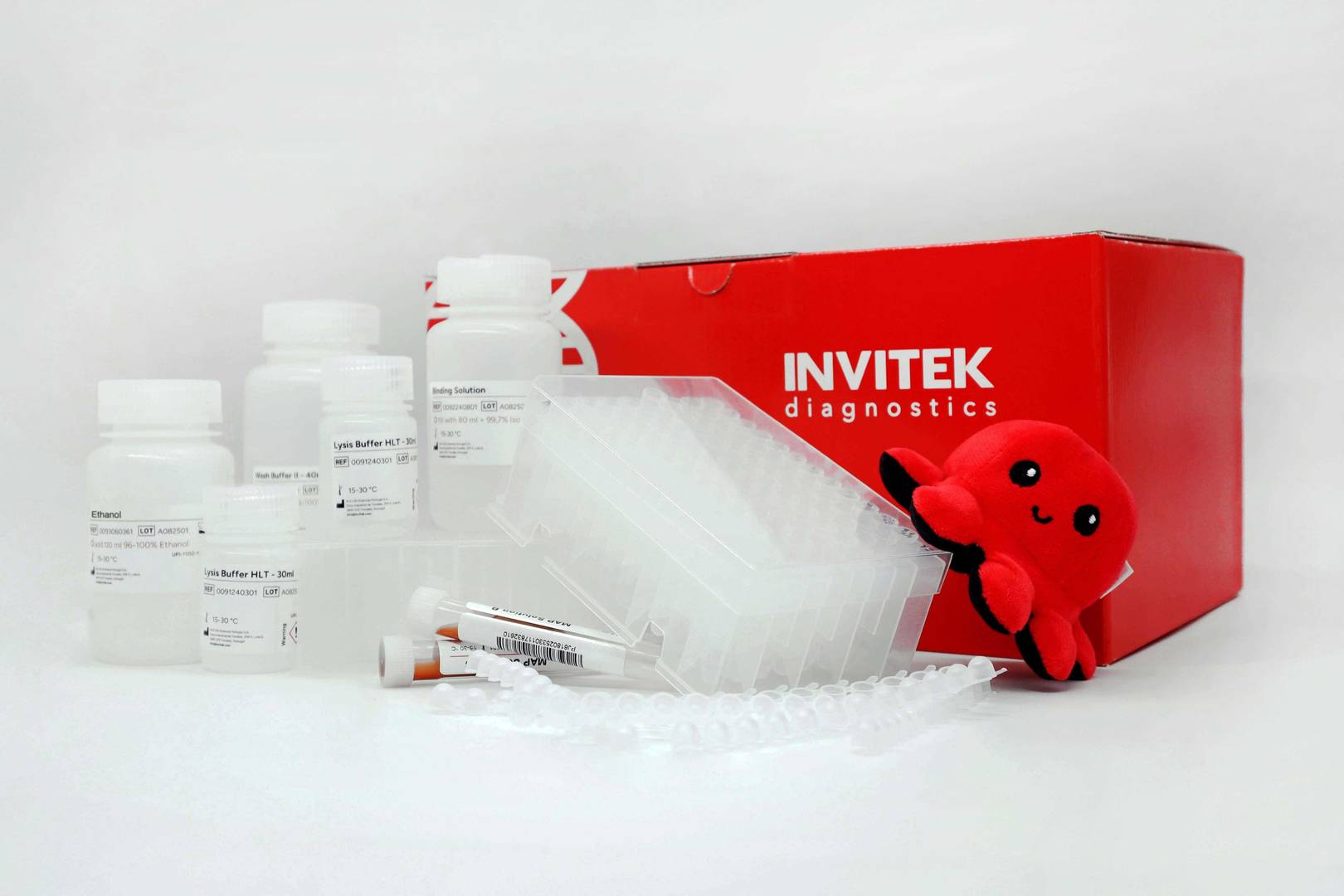 InviMag Blood DNA Mini Kit displayed on a white surface: a red INVITEK diagnostics box with white DNA-helix graphic stands behind multiple white reagent bottles, a black rack holding rows of clear microtubes, two clear 96-well extraction plates with sealing films, a strip of eight tubes, and two capped reagent vials.