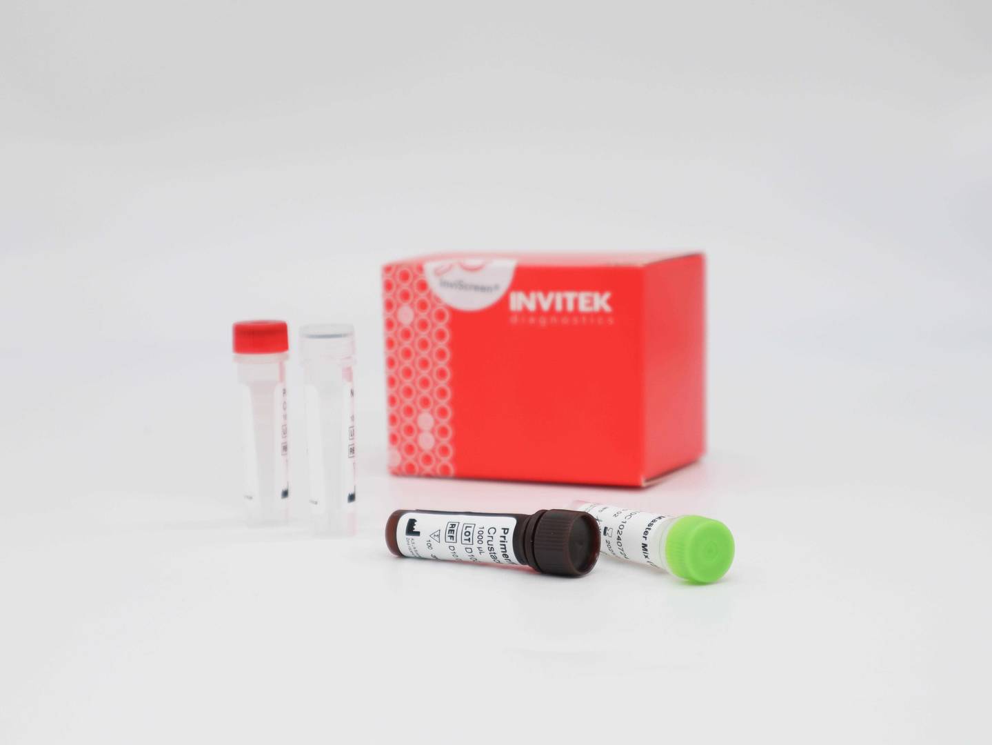 InviScreen IBDV kit: red INVITEK box behind two upright clear vials (red and grey caps) and two lying vials with brown and green caps on a white background.