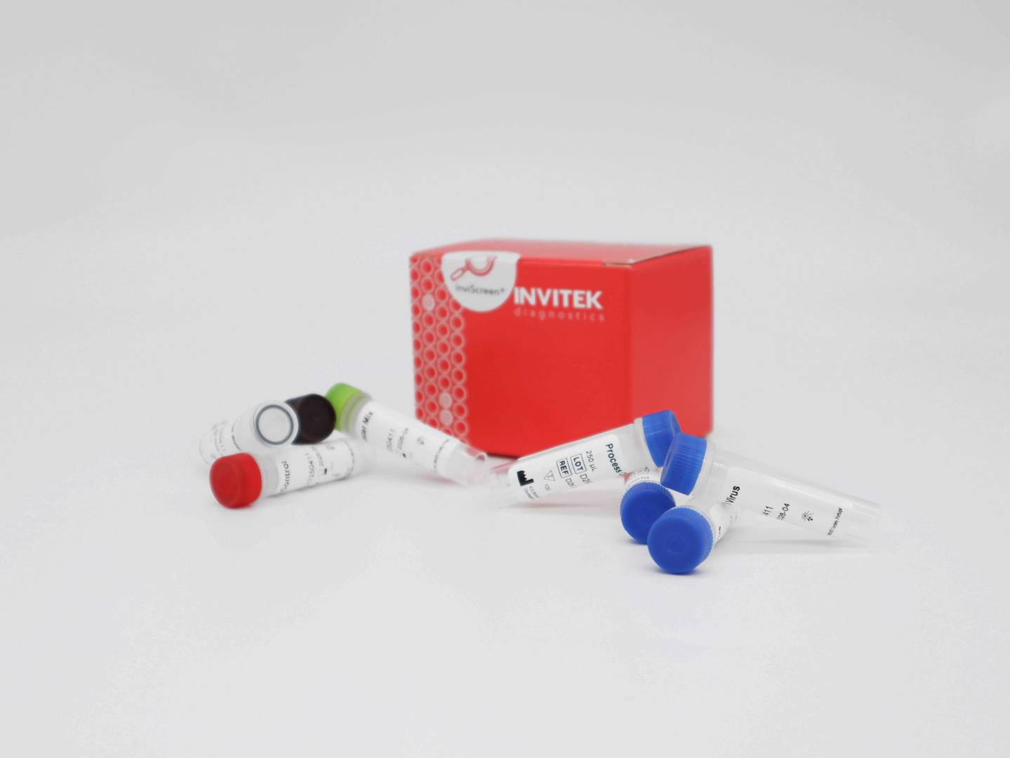 Red Invitek Diagnostics InviScreen Norovirus Detection Kit box behind blue capped extraction control vials and color-coded RT-PCR component vials in front.