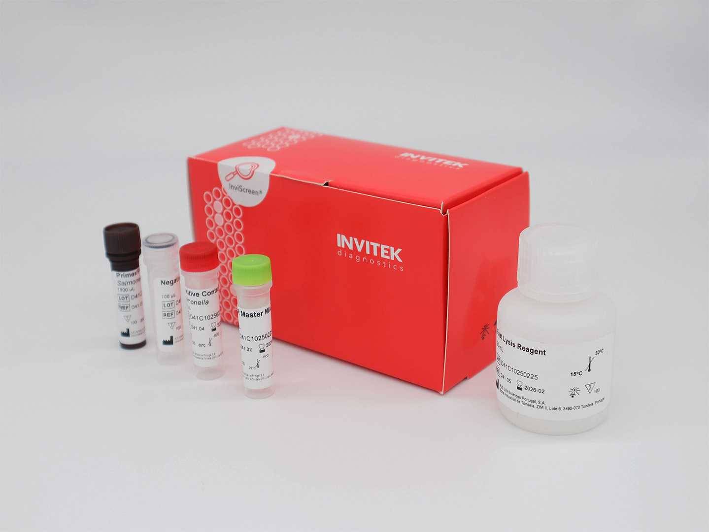 Red Invitek Diagnostics InviScreen Salmonella spp. Detection Kit box with color-coded PCR components and a bottle of Fast Lysis Reagent next to it.