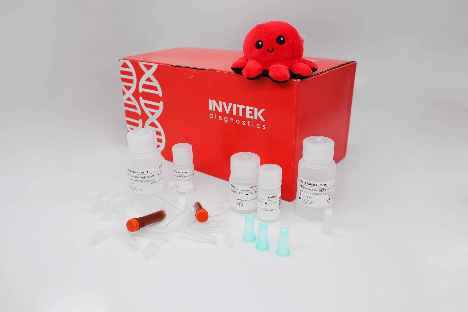 Red Invitek Diagnostics InviSorb Spin Plant Mini Kit box with reagent bottles, green spin columns, and tubes in front.