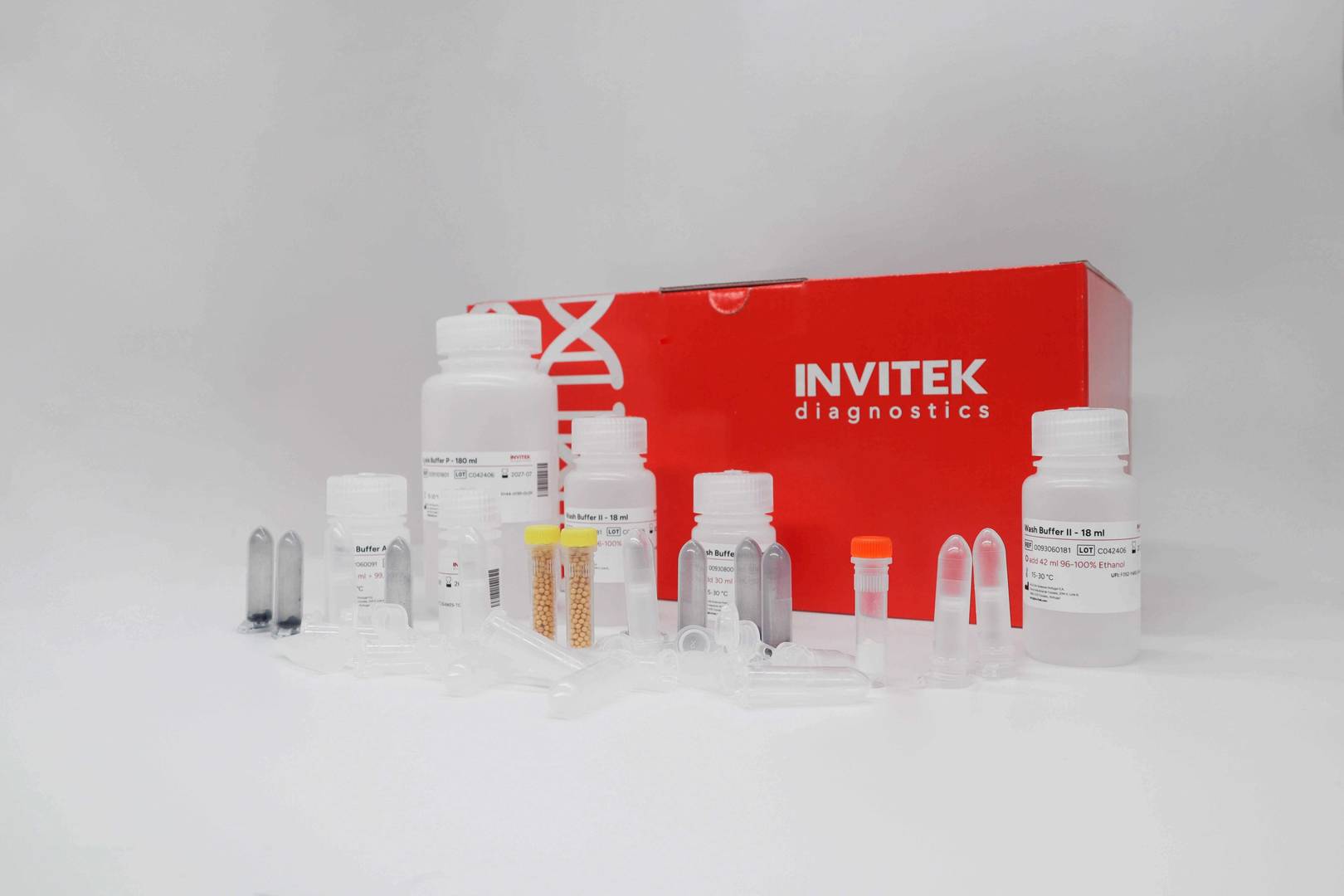 Red Invitek Diagnostics InviSorb Spin Soil DNA Kit box with reagent bottles, labelled tubes, and spin filters.