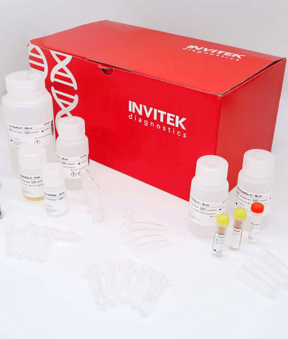 InviSorb Spin Soil Kit parts—buffer bottles, clear tubes, and bead vials—arranged before a red INVITEK box.
