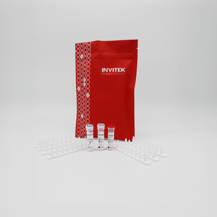 INVITEK Diagnostics PCR kit for Mycoplasma spp. detection, with reagent vials and white PCR tube strips, packaged in a red resealable pouch.