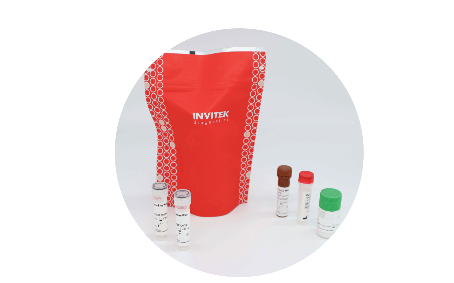 Red INVITEK GMO kit pouch with white circle pattern, with five reagent vials (grey, brown, red, and green caps) on white surface