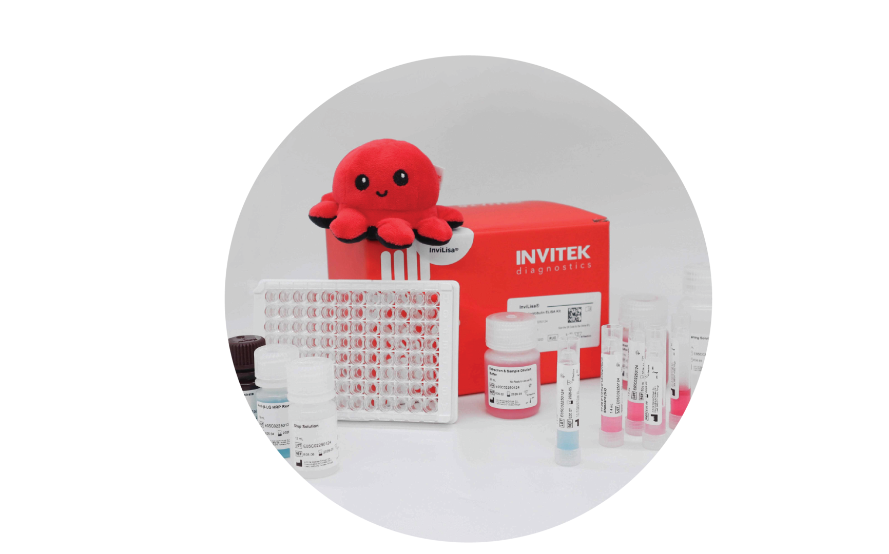 Red Invitek Diagnostics InviLisa β-Lactoglobulin ELISA Kit box behind a antibody-coated 96-well plate with reagent bottles in front. Regent bottles and reagent vials arranged next to the box.