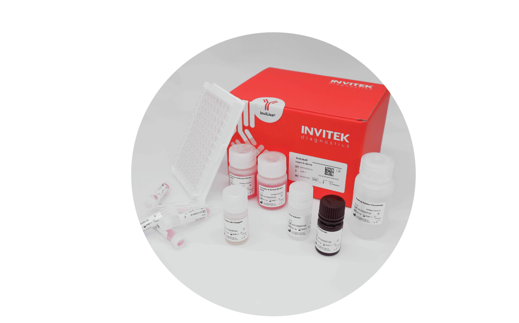Red Invitek Diagnostics InviLisa Casein ELISA Kit box behind reagent bottles and an antibody-coated 96-well plate with scattered reagent vials in front.