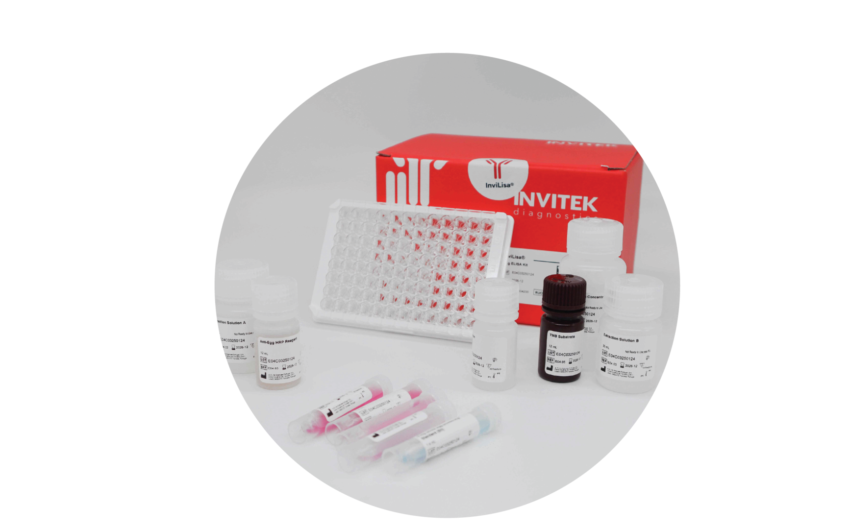 Red Invitek Diagnostics InviLisa Egg ELISA Kit box behind an antibody-coated 96-well plate and reagent bottles. Additional reagent bottles on the left and reagent vials laying in front.