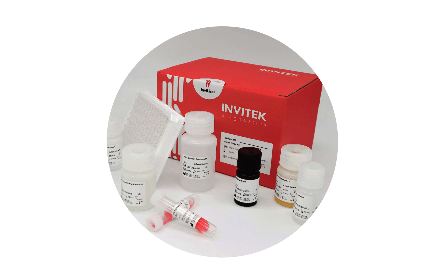 Red Invitek Diagnostics InviLisa Gluten ELISA Kit box behind multiple reagent bottles and an antibody-coated 96-well plate with reagent vials laying in front.