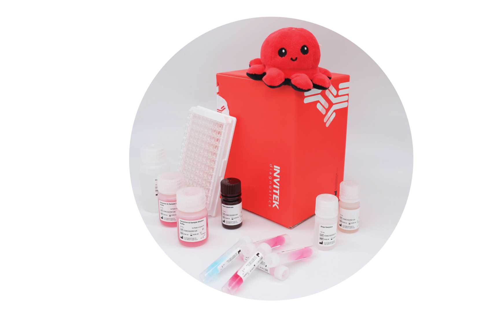 Red Invitek Diagnostics InviLisa® Mustard ELISA Kit box behind labeled reagent bottles, 96-well microplate, pipette tips, and a small red plush octopus.