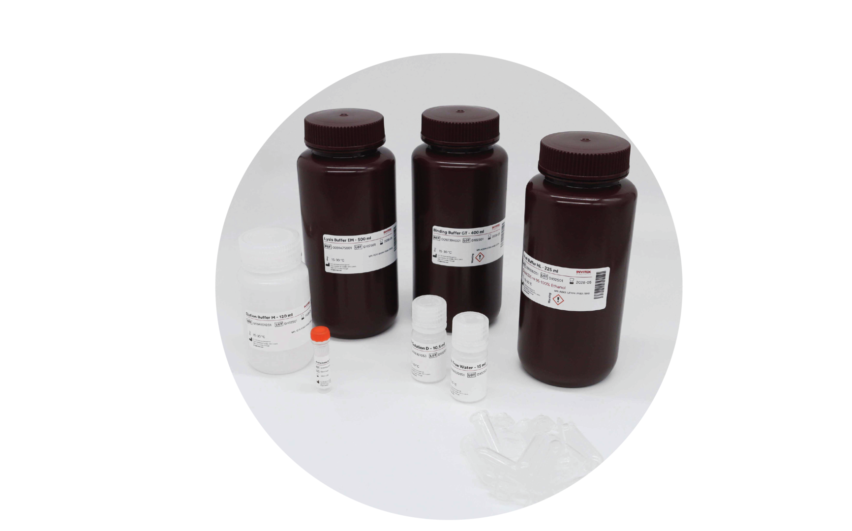 InviMag Food Kit: plush red octopus mascot “Invi” sits atop three large white reagent bottles (lysis, binding, wash buffers), with a smaller elution buffer vial, tiny Solution D tube, and clear conical tubes arrayed in front on a white background.