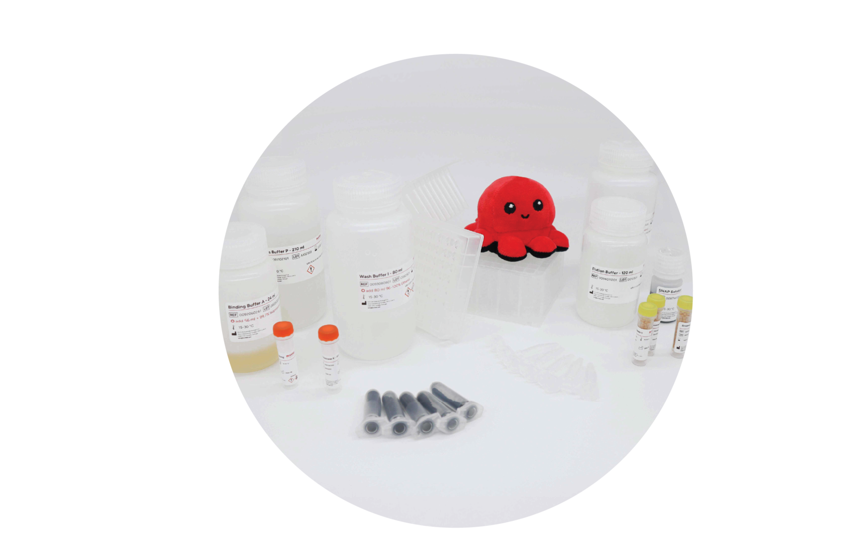 InviMag Universal KF96 kit: INVITEK’s red octopus mascot “Invi” sits on a clear 96-well plate, surrounded by white reagent bottles and small vials, with a red INVITEK diagnostics box behind.
