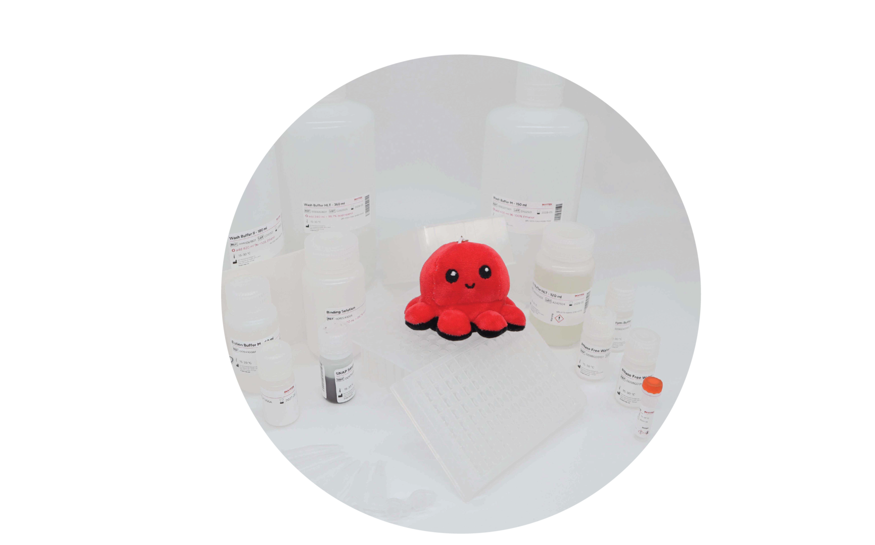 Red Invitek Diagnostics InviMag Universal Kit/ IG box behind reagent bottles, reagent vials, and 96 well plates with plastic ware laying in front.