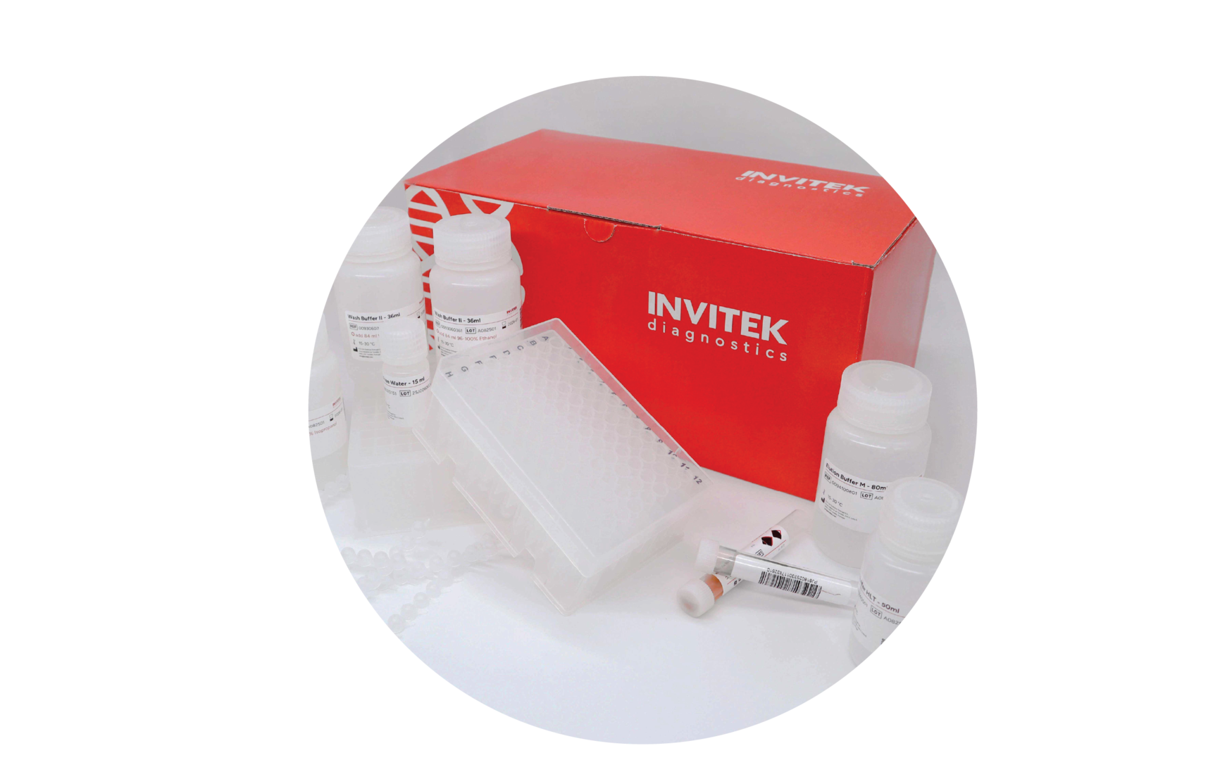 Red Invitek Diagnostics InviMag Universal Kit/ IG box behind reagent bottles, reagent vials, and 96 well plates with plastic ware laying in front.