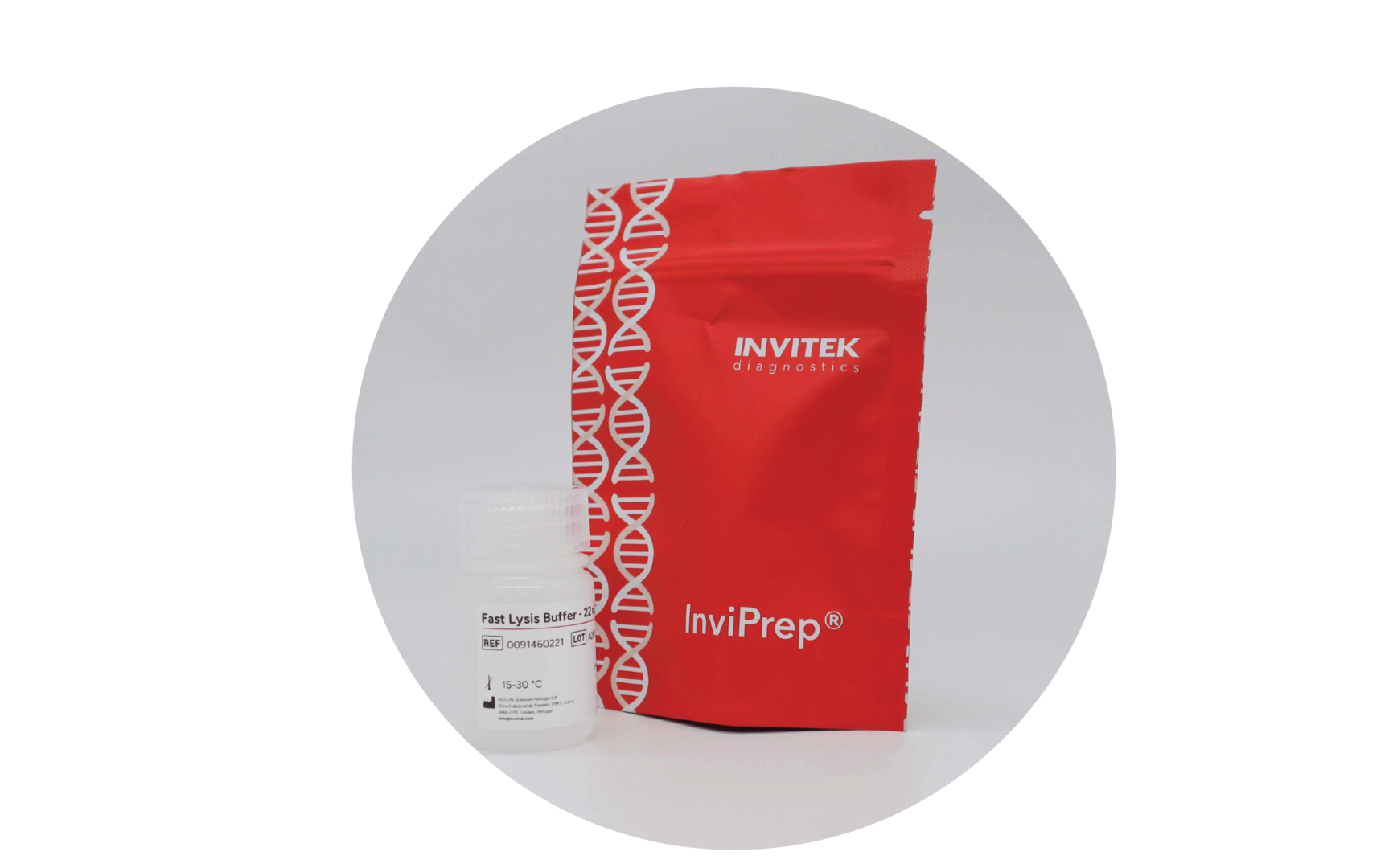 Invitek Diagnostics InviPrep Fast Lysis Buffer bottle in front of the red packaging bag.