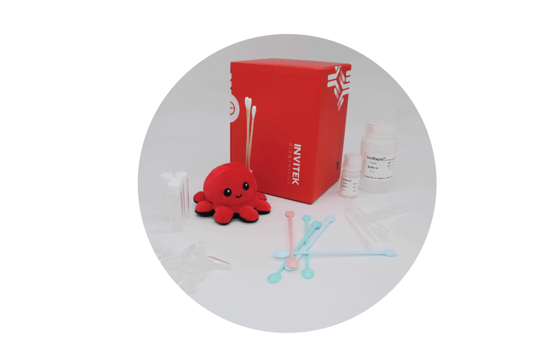 Red Invitek Diagnostics InviRapid Gluten Allergen Ag Test box behind swabs next to buffer bottles and sample tubes with scoops, droppers and tubes laying scattered in front.