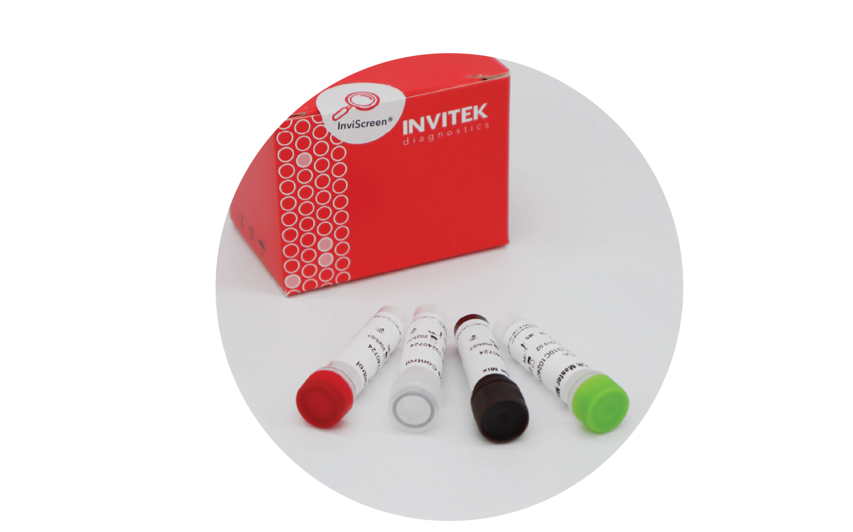 Red Invitek Diagnostics InviScreen Detection Kit box behind blue capped extraction control vials and color-coded RT-PCR component vials in front.