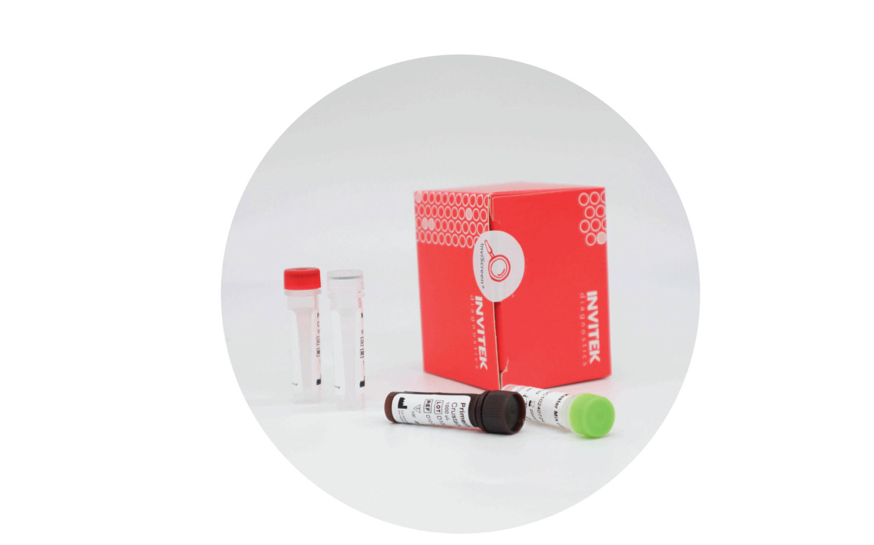 InviScreen BVDV detection kit: red INVITEK box stands behind two upright clear vials (red and grey caps), with brown- and green-capped reagent vials lying in front on a white surface.