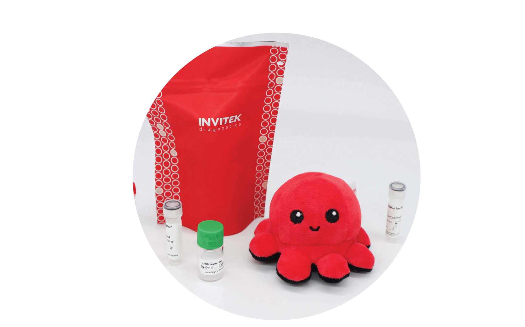 InviScreen CaMV Detection LyoKit: red INVITEK pouch with white-circle pattern stands amid five small reagent vials (brown, red, grey, green, grey caps) and plush red octopus mascot “Invi,” all on a white background.