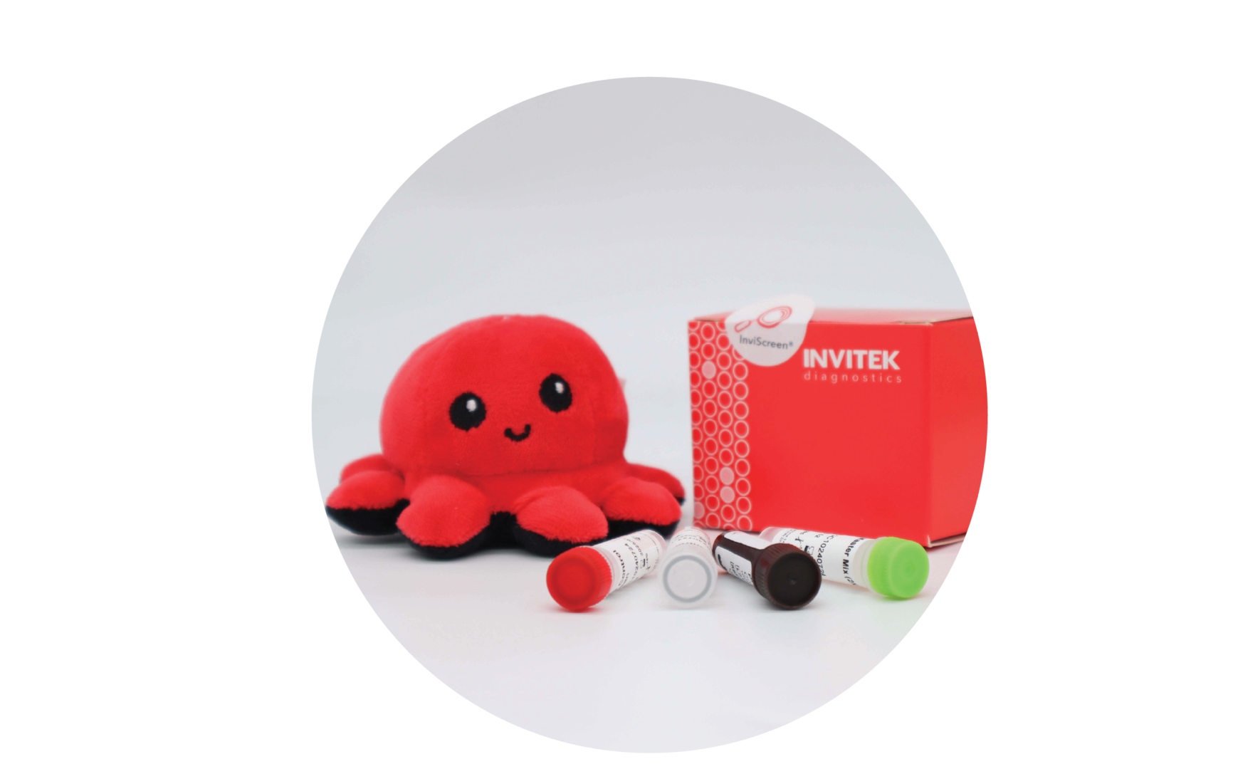 INVITEK InviScreen Hepatitis A kit: red diagnostics box with plush octopus mascot “Invi” behind four upright control vials; (red, dark, white, green caps) lie in front on white surface.
