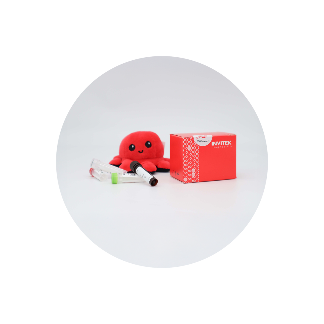 Plush red octopus mascot “Invi” and a red INVITEK diagnostics box sit on a white surface, with several color‑capped reagent vials (green, red, brown, clear) scattered in front, all framed by rounded white corners.