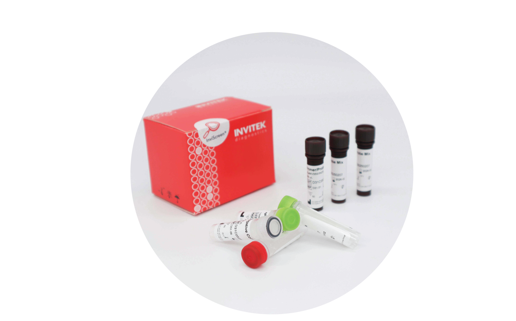 Red Invitek Diagnostics InviScreen GMO Detection Kit (35S/NOS/FMV) box with color-coded PCR component vials laying in front and multiple tubes Primer/Probe Mix next to it.