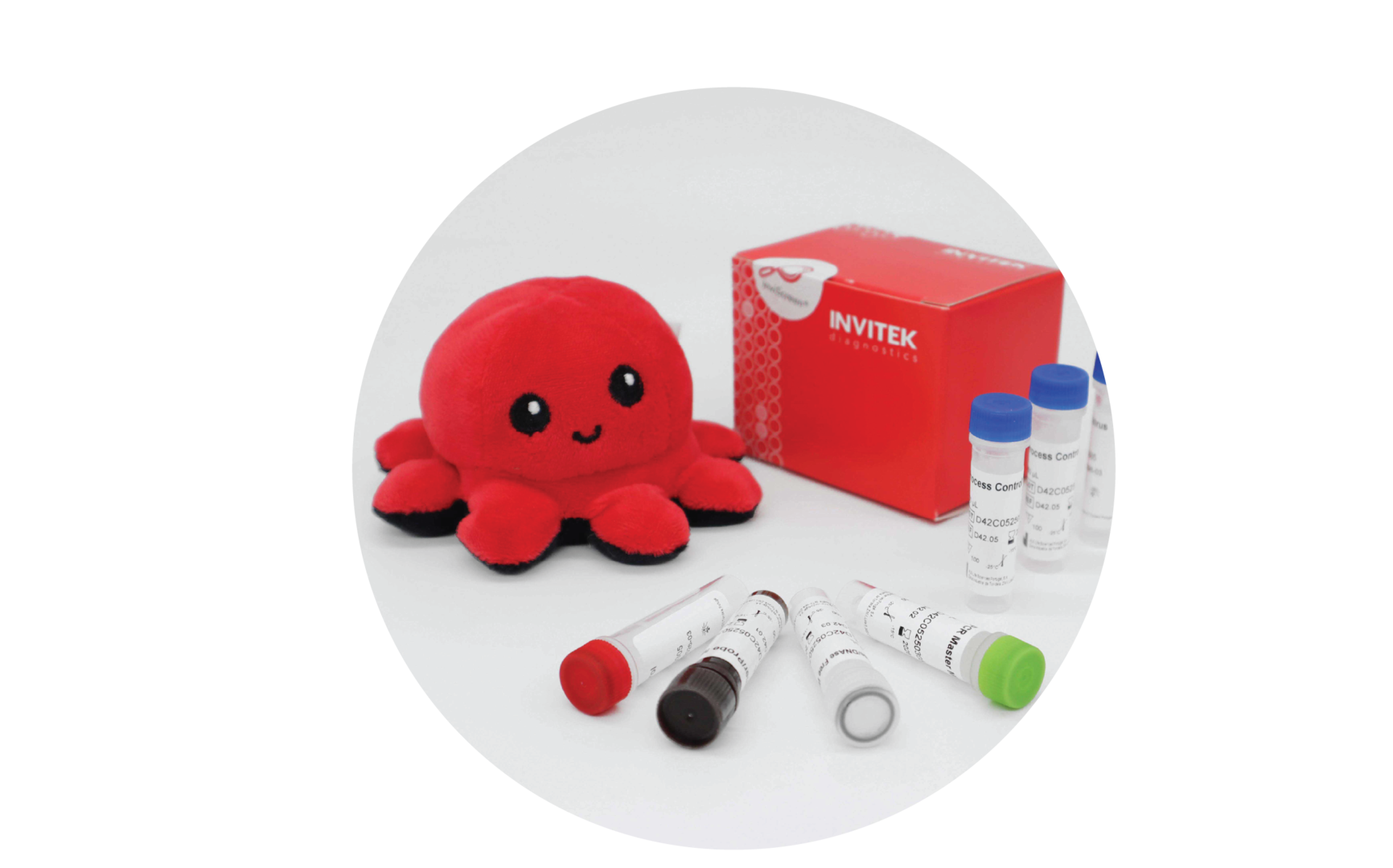INVITEK InviScreen Hepatitis A kit: red diagnostics box with plush octopus mascot “Invi” behind five upright blue-capped control vials; four reagent vials (red, brown, grey, green caps) lie in front on white surface.