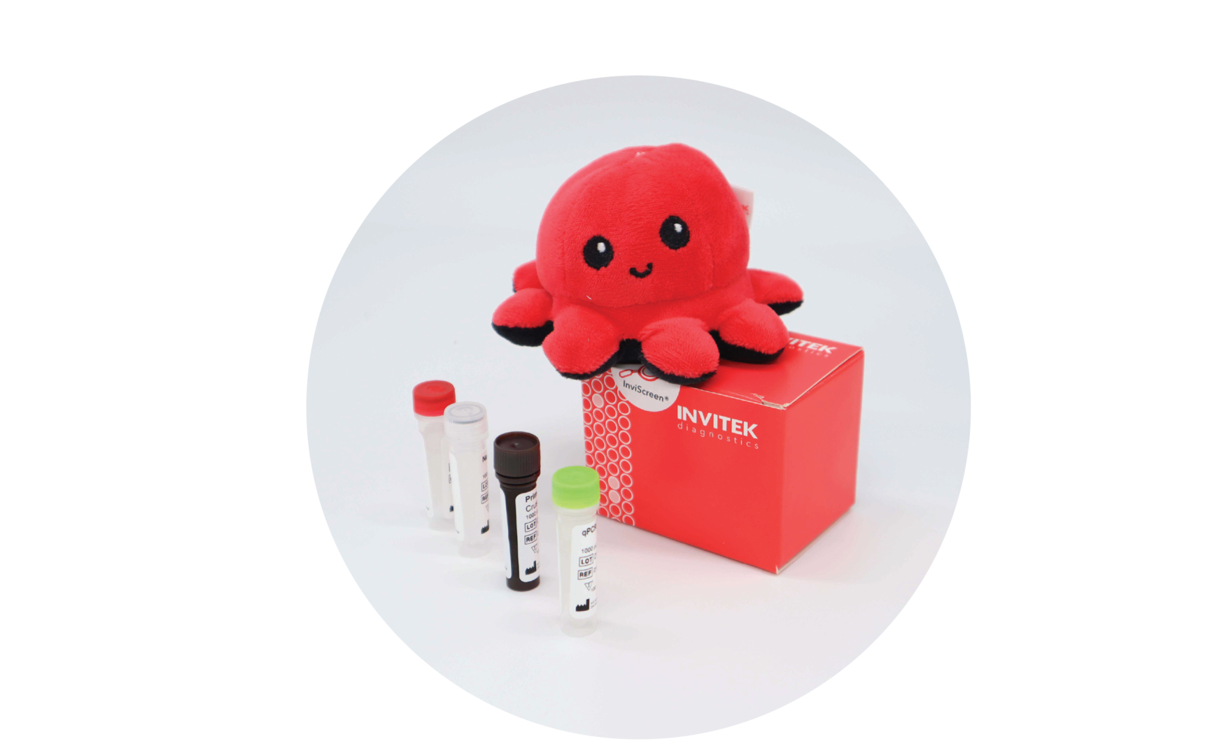 InviScreen IBV kit: plush red octopus “Invi” perched on a red INVITEK box; four reagent vials (red, grey, brown, green caps) stand in front on a white surface.