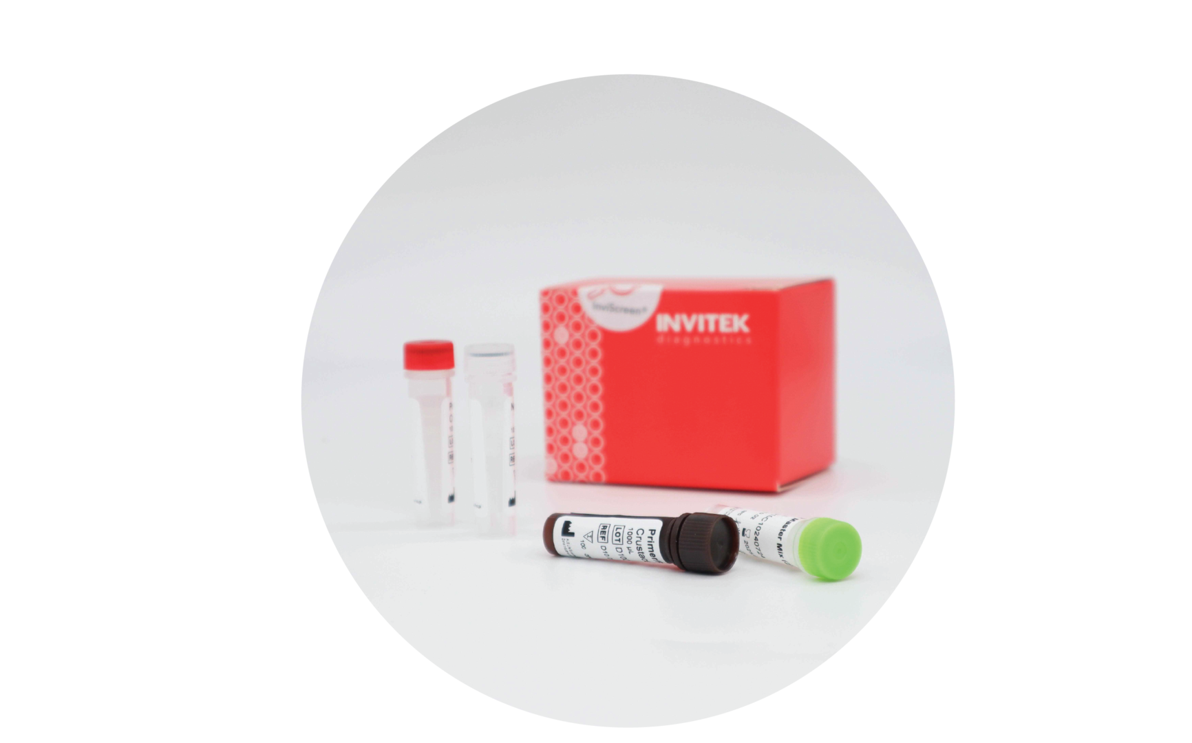 InviScreen IBDV kit: red INVITEK box behind two upright clear vials (red and grey caps) and two lying vials with brown and green caps on a white background.