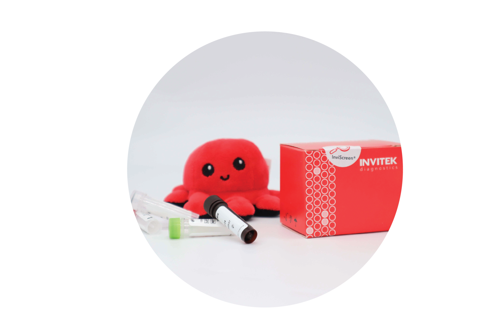 InviScreen Mycoplasma kit: plush red octopus “Invi” sits on a red INVITEK box; four reagent vials (red, grey, brown, green caps) stand in front.