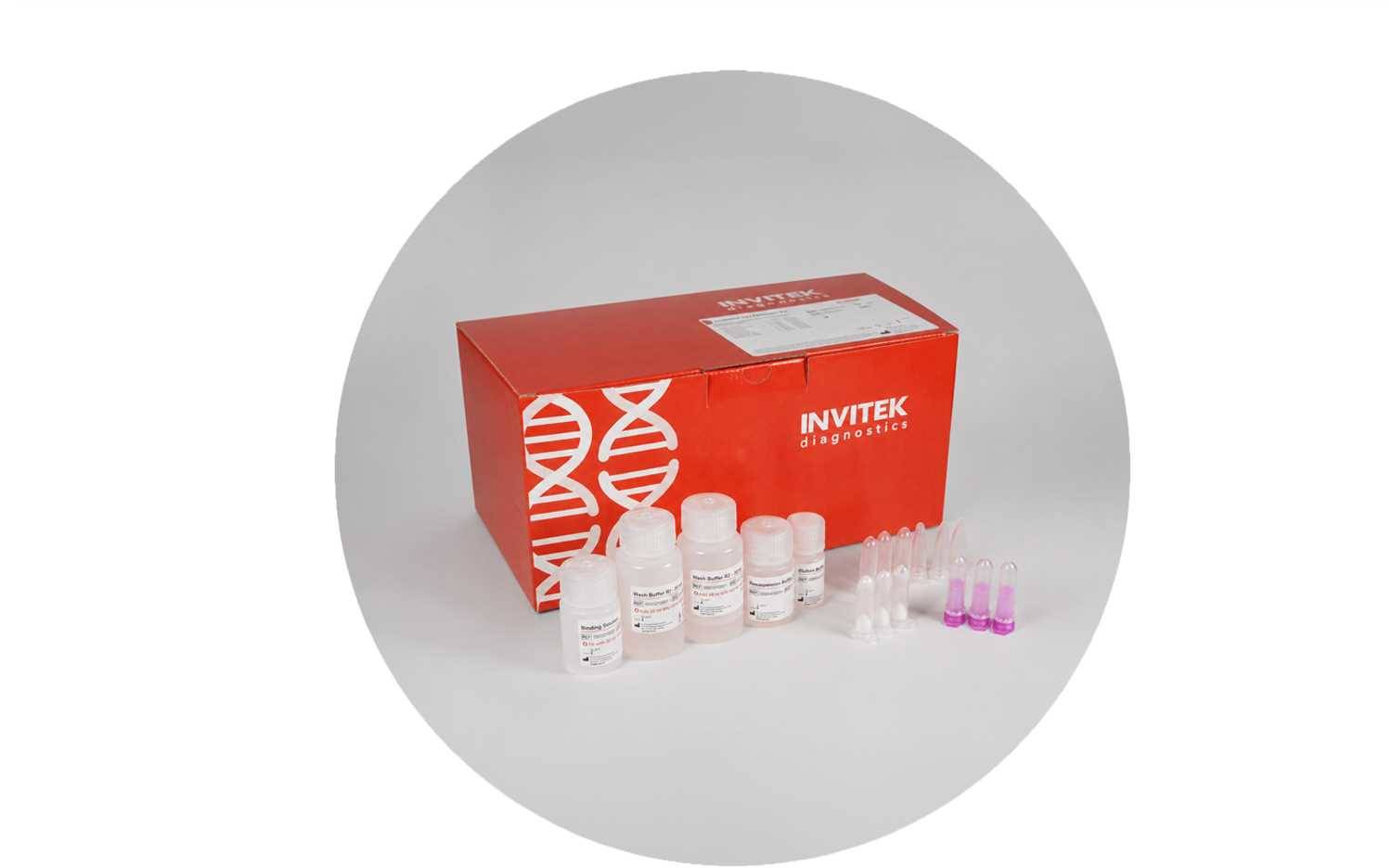 Red INVITEK Diagnostics pathogen extraction kit box with reagent bottles, spin columns, and sample tubes arranged in front on a light gray background.