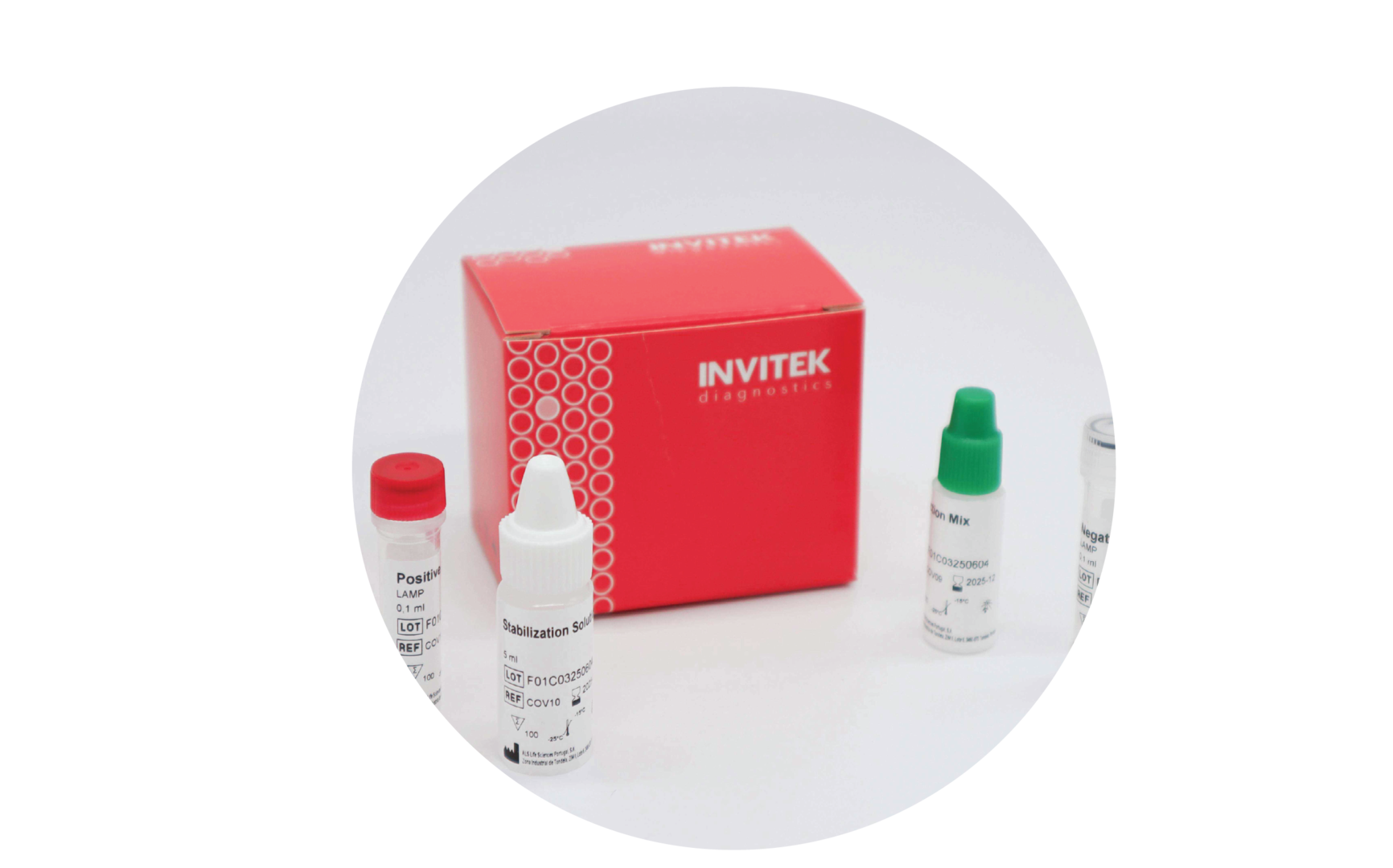 InviScreen SARS-CoV-2 RT-LAMP kit: red INVITEK diagnostics box behind four reagents—a red-capped positive-control vial, white dropper bottle of stabilization solution, green-capped reaction-mix tube, and grey-capped negative-control vial—set on a white background.