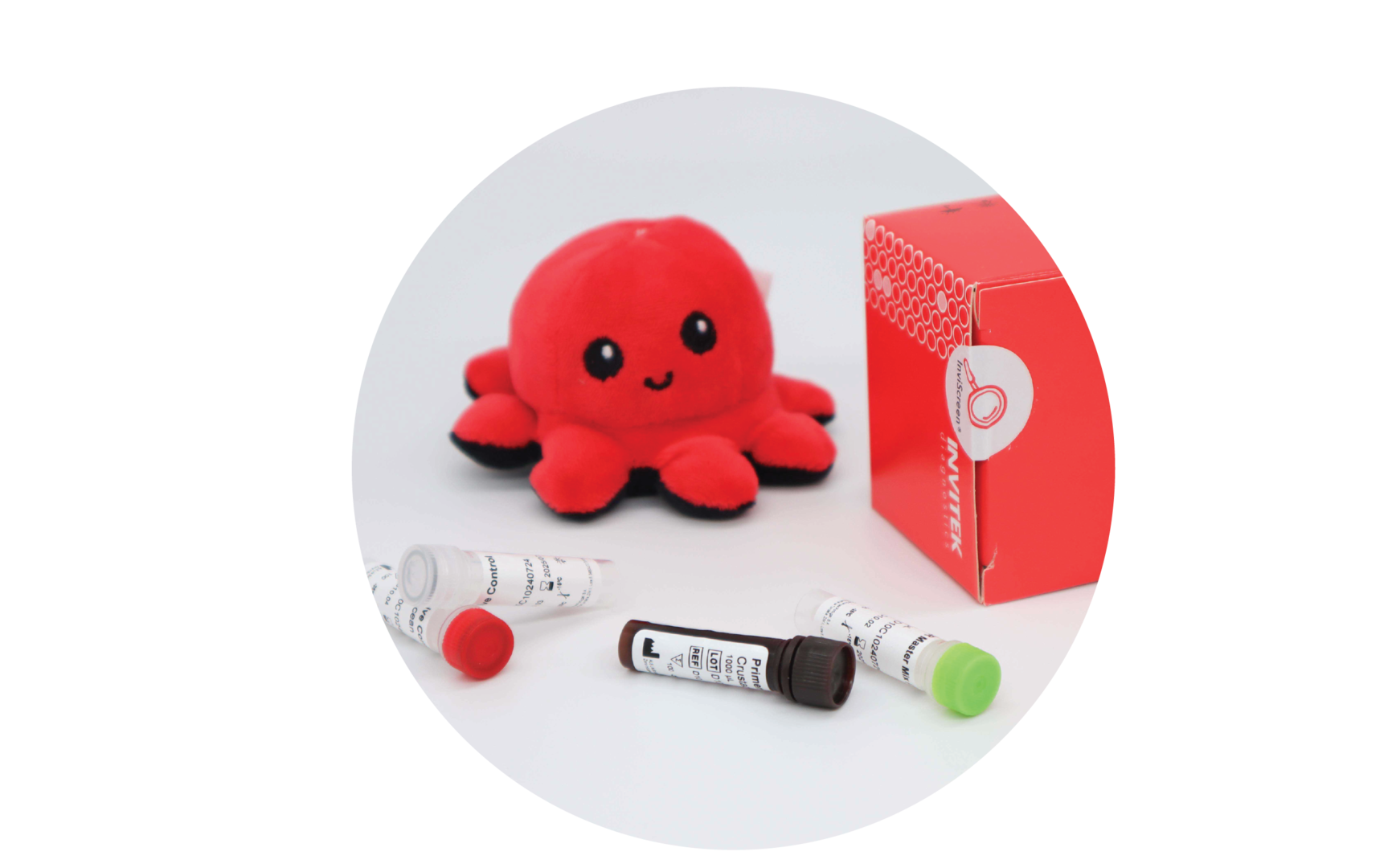 InviScreen SARS-CoV-2 wastewater test: red octopus, vertical INVITEK box, and assorted reagent vials with red, grey, brown and green caps on white.