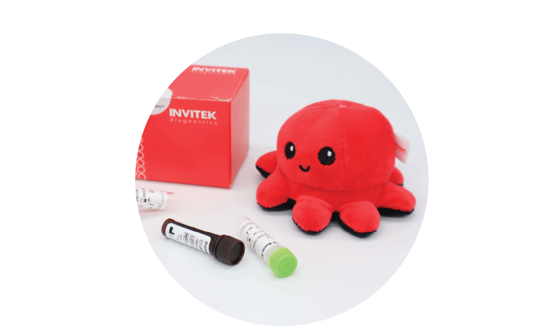 InviScreen SARS-CoV-2 Multiplex kit: INVITEK box and Invi mascot with reagent vials—red-capped control, brown tube, green-capped tube—scattered on white background.