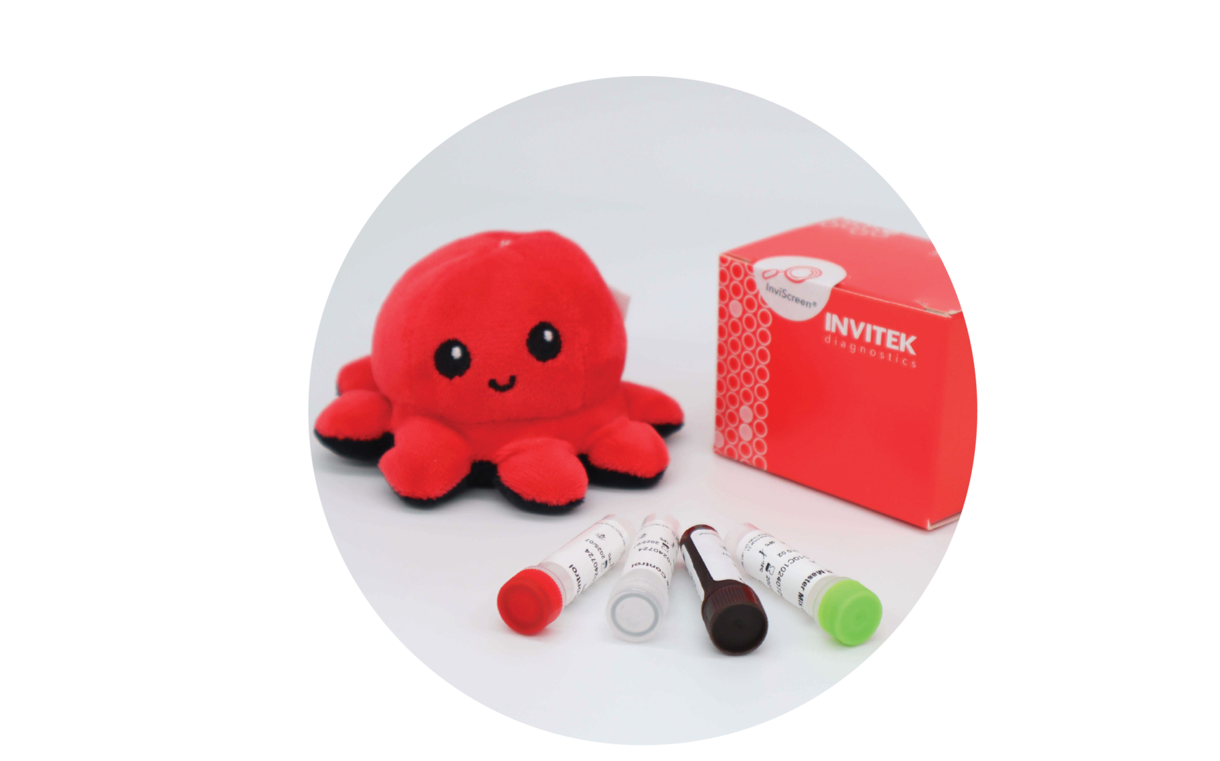 InviScreen STEC serotyping kit: similar scene—Invi mascot, red diagnostics box, and five reagent vials (red, grey, brown, green caps) across the foreground.