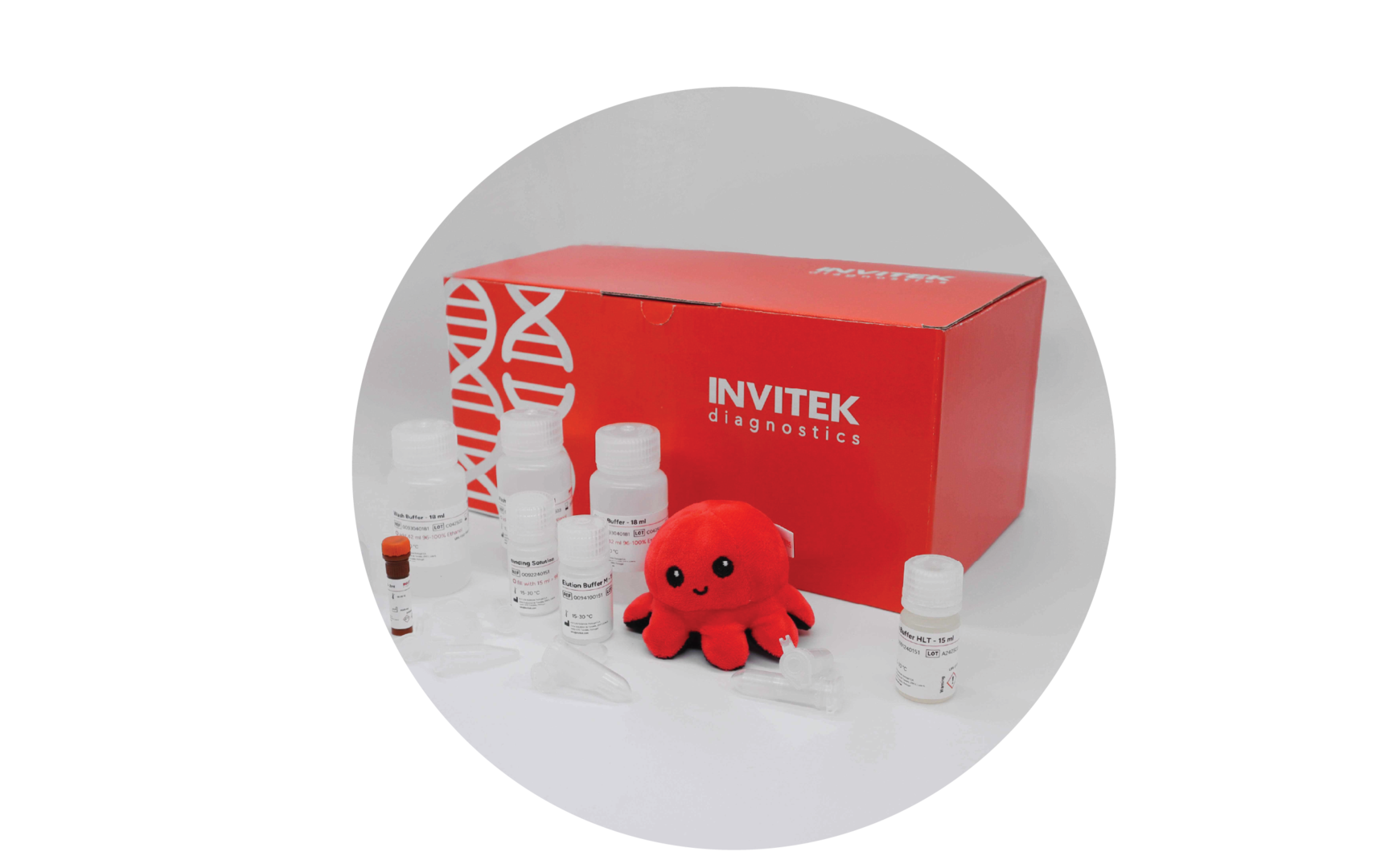 Red Invitek Diagnostics InviSorb Spin Blood Mini Kit box behind reagent bottles, reagent tubes, and tubes laying scattered in front.